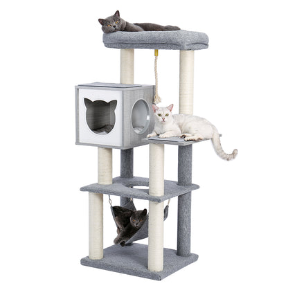 Cat Tree 52 Inches Multi-Level Modern Wooden Cat Tower with Hammock and Scratching Posts and Cat Condo for Adult Cats Gray