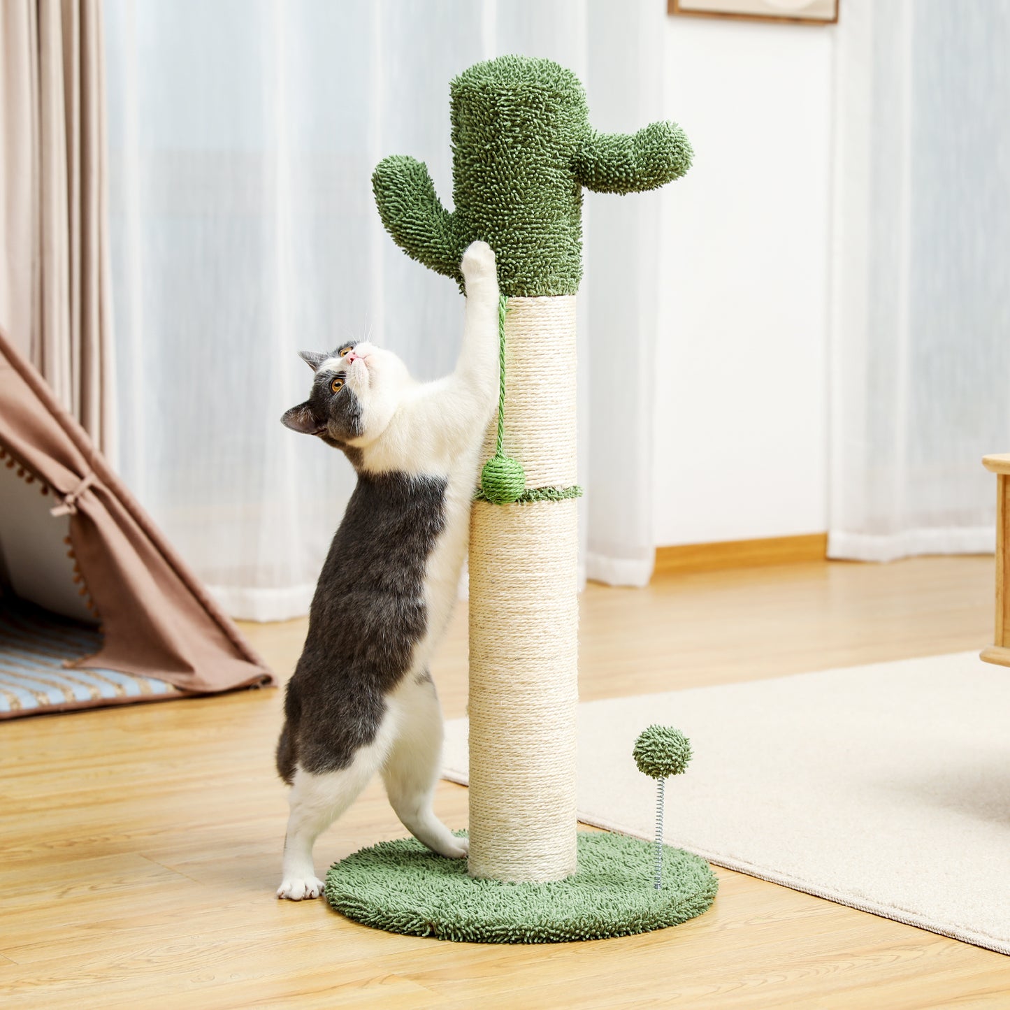 Large Cactus Cat Scratching Post with Natural Sisal Ropes, Cat Scratcher for Cats and Kittens White