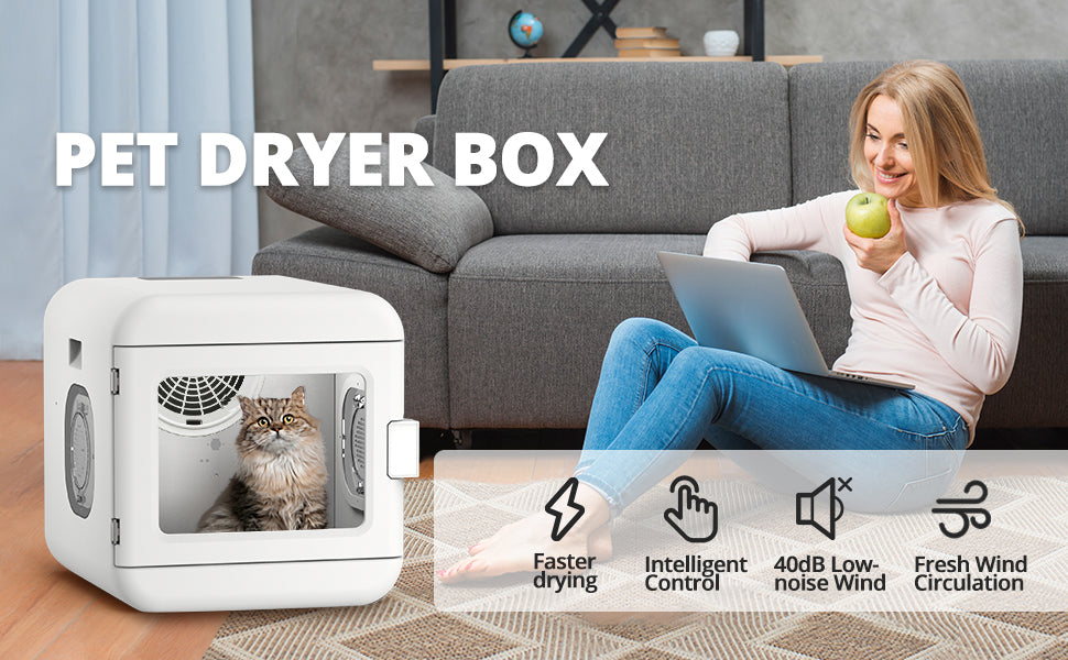 Pet Hair Dryer Box, Ultra Quiet Blow Dryer 6L Capacity for Cats and Small Dogs, Professional Fast Drying Blower, Intelligent Control, Adjustable Temperature and Time, 360 Degree Warm Wind