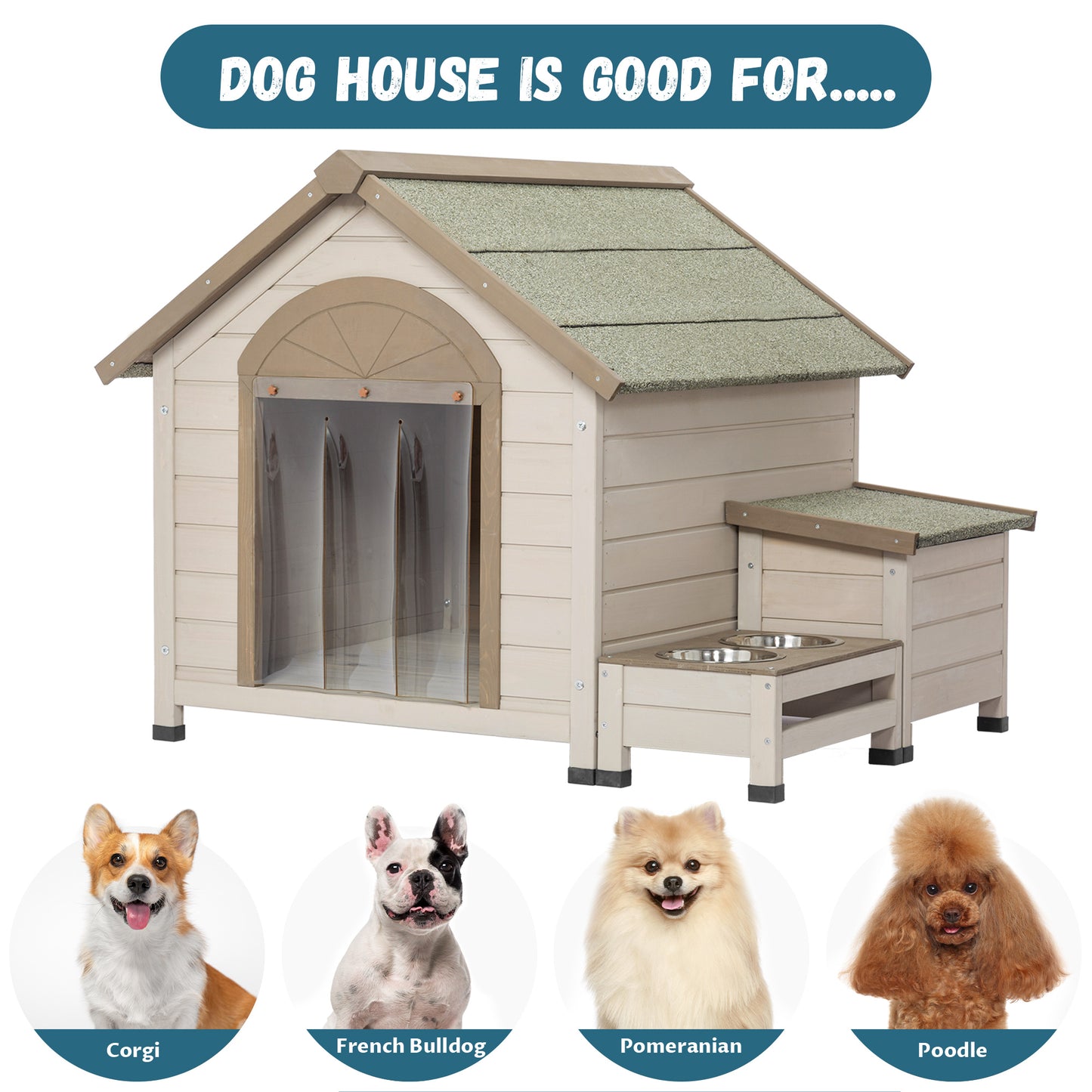 Outdoor fir wood dog house with an open roof ideal for small to medium dogs. With storage box, elevated feeding station with 2 bowls. Weatherproof asphalt roof and treated wood.