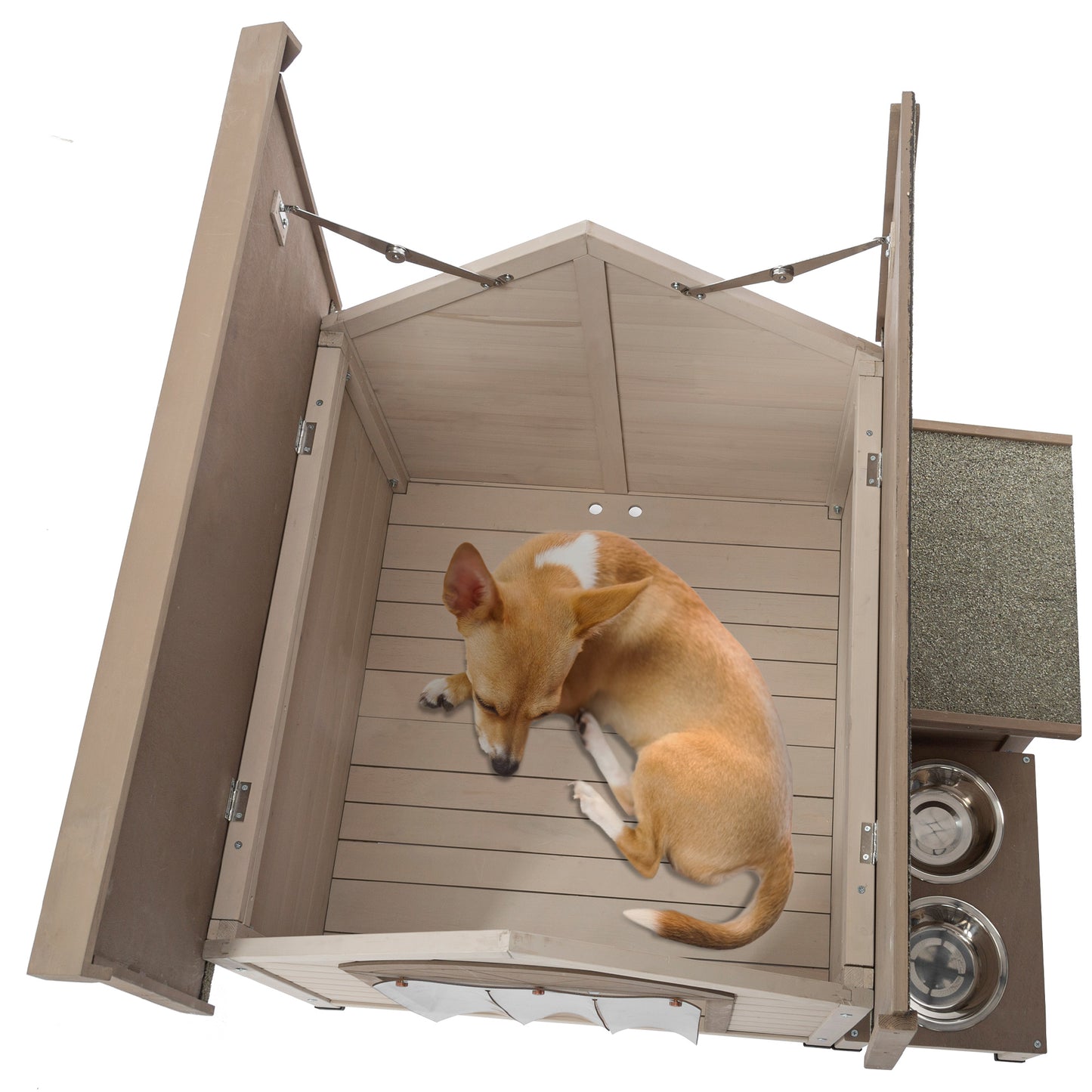 Outdoor fir wood dog house with an open roof ideal for small to medium dogs. With storage box, elevated feeding station with 2 bowls. Weatherproof asphalt roof and treated wood.